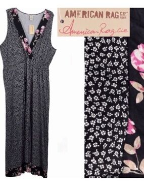 American Rag Maxi Dress, Black White & Pink Ditsy Floral Print, Size 3X.